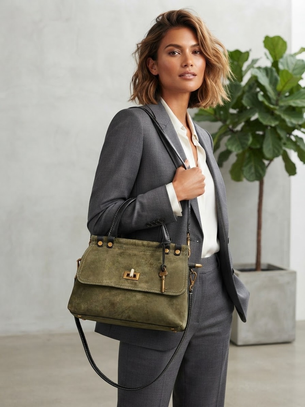 Olive Suede Shoulder Satchel with Gold Hardware